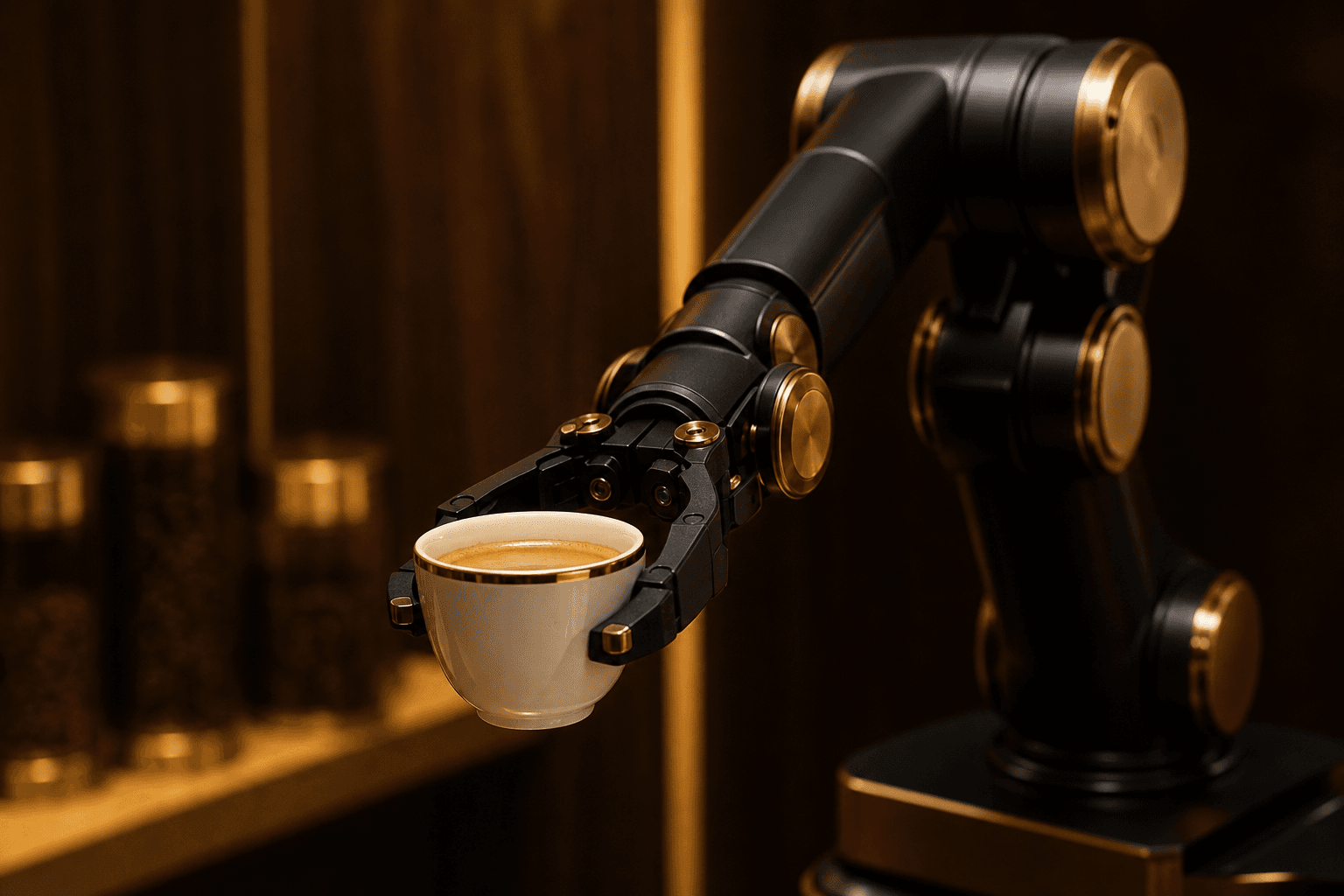 Close-up of Botista's single robotic arm with gold accents, holding a porcelain espresso cup