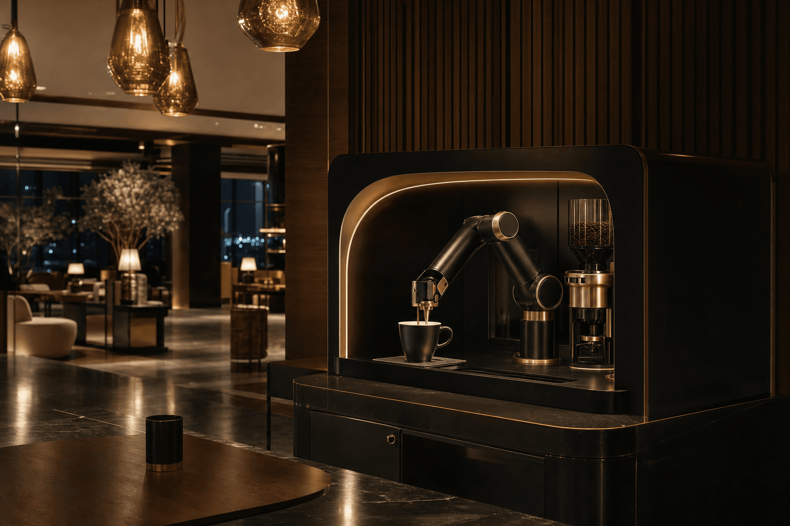 Botista's polished gold and black robotic arm pouring espresso into a cup