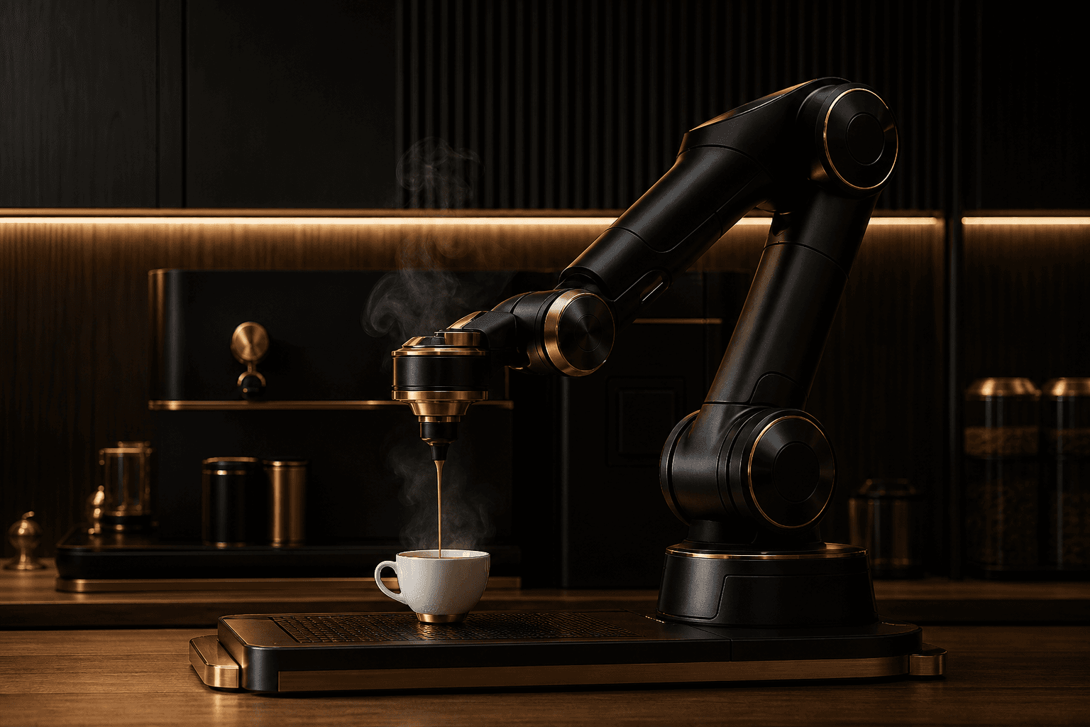 Botista — a sleek black and gold autonomous coffee machine with a single robotic arm pouring espresso