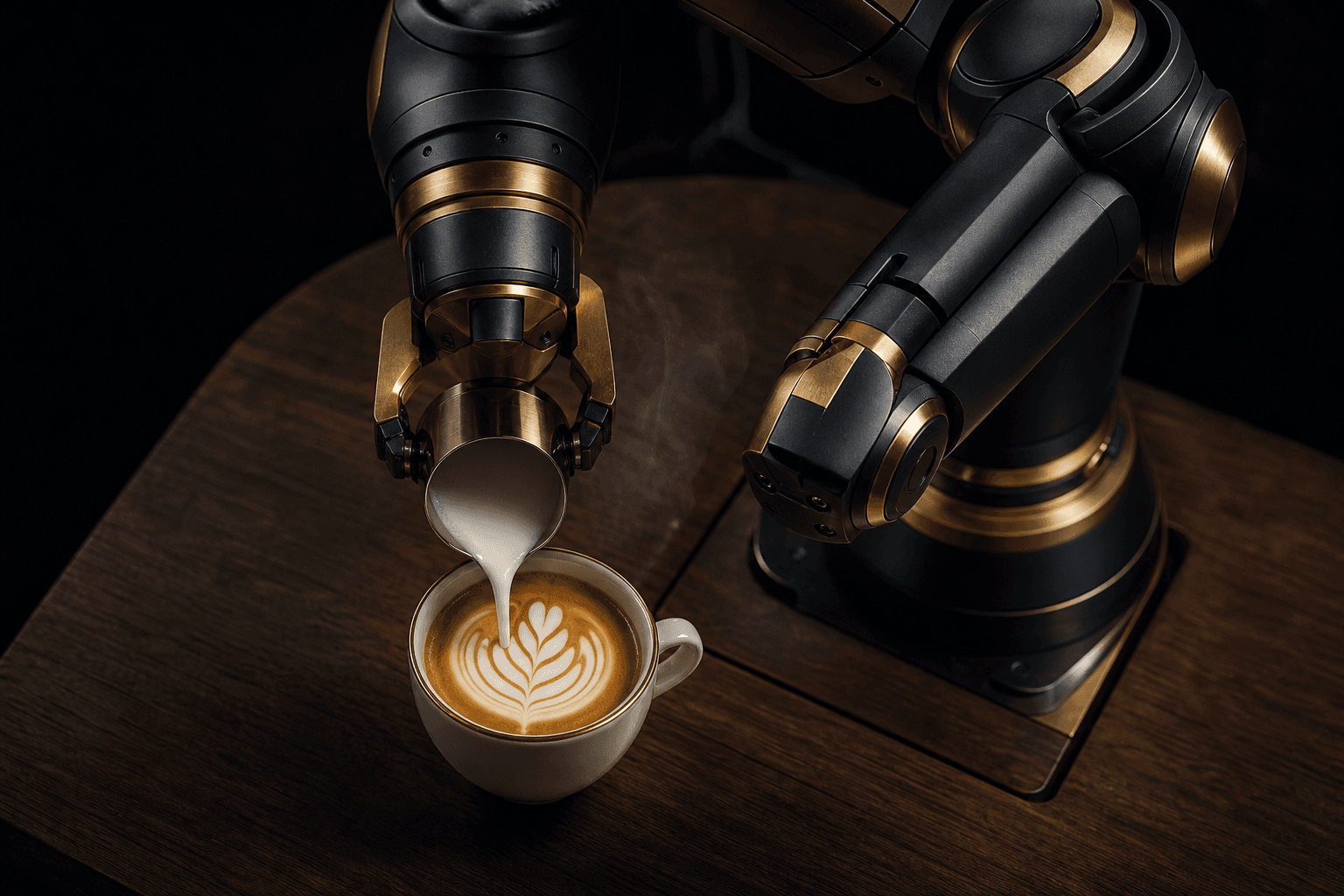 Botista's robotic arm pouring a latte art rosetta into a porcelain cup